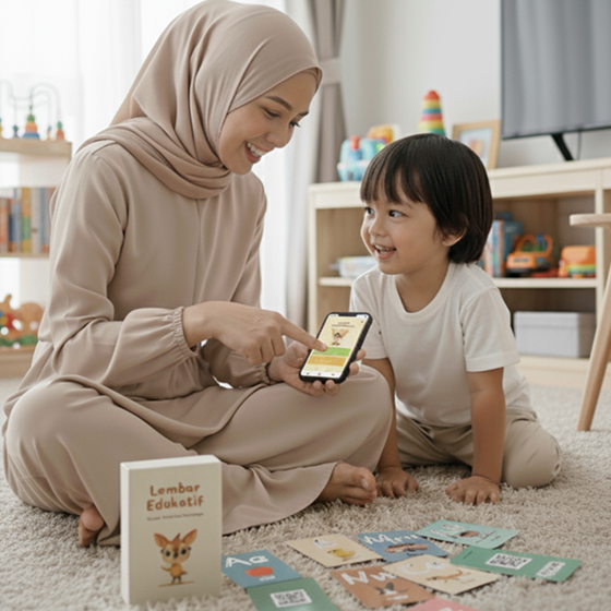 Ibu dan anak belajar dengan Lembar Edukatif